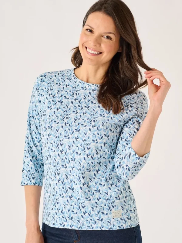 Quba & Co Blue 3/4 Sleeve Leaf Print Design T-Shirt - Wesson Best
