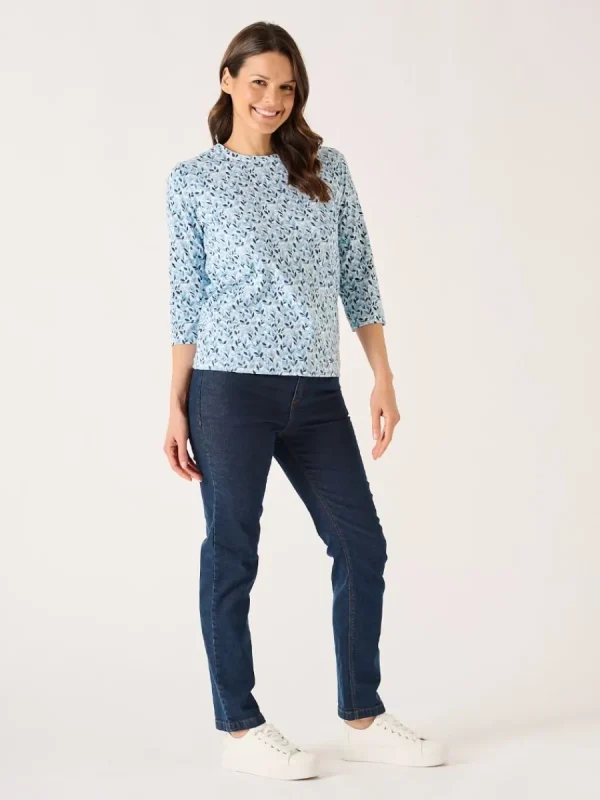 Quba & Co Blue 3/4 Sleeve Leaf Print Design T-Shirt - Wesson Best