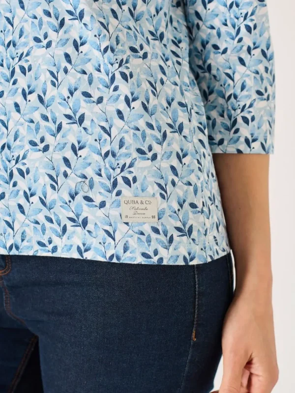 Quba & Co Blue 3/4 Sleeve Leaf Print Design T-Shirt - Wesson Best