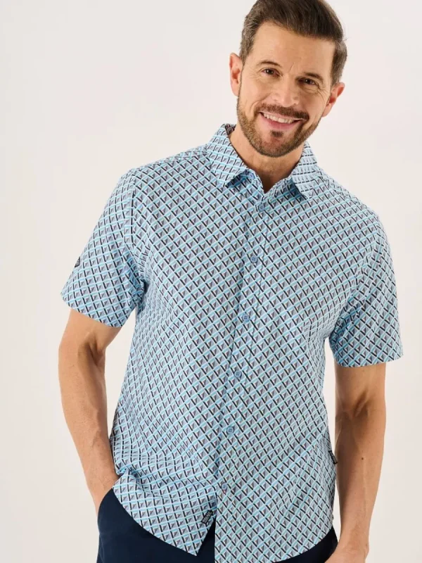Quba & Co Blue Geometric Print Short Sleeve Oxford Shirt - Tilbury Outlet
