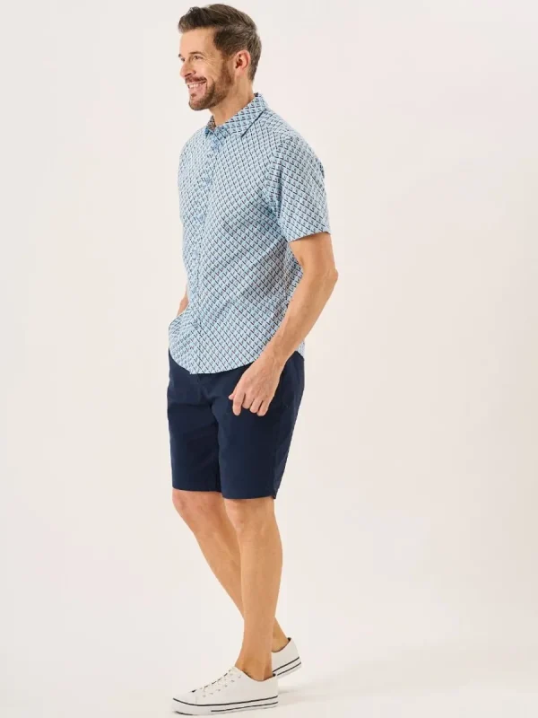 Quba & Co Blue Geometric Print Short Sleeve Oxford Shirt - Tilbury Outlet