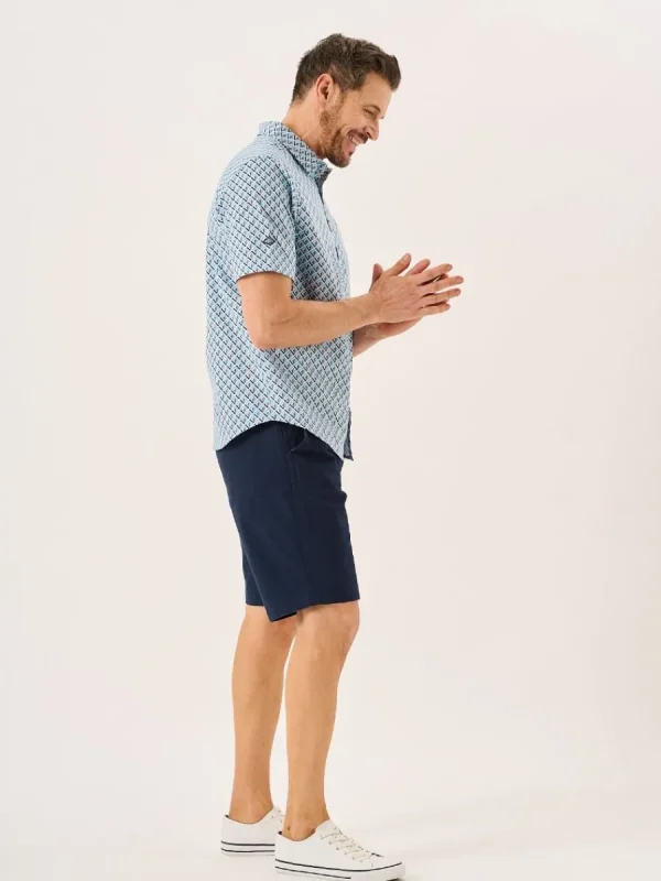 Quba & Co Blue Geometric Print Short Sleeve Oxford Shirt - Tilbury Outlet