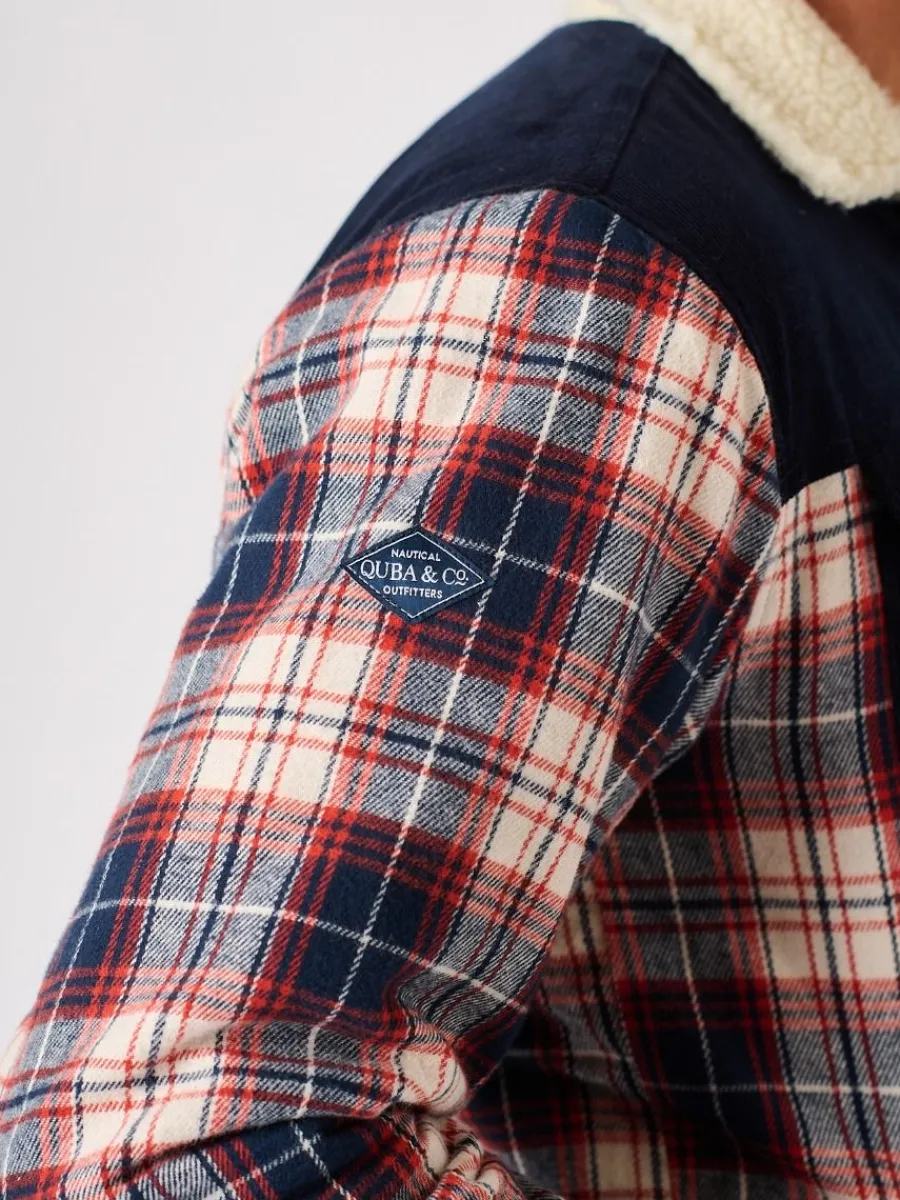 borg_lined_shacket_navy_r_10.webp Quba & Co Borg Lined Shacket Navy Red and White Lifestyle - Struthers Discount