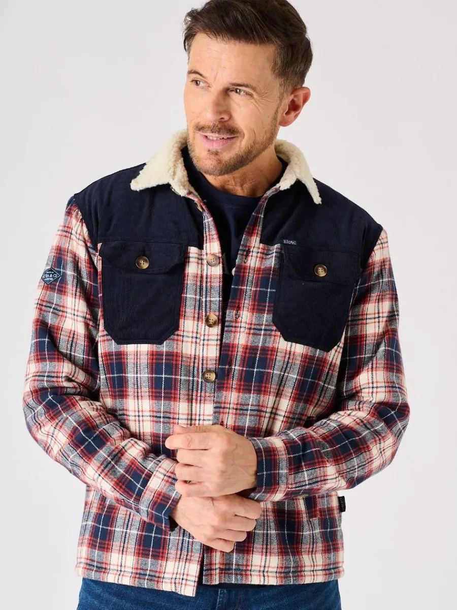 borg_lined_shacket_navy_r_11.webp Quba & Co Borg Lined Shacket Navy Red and White Lifestyle - Struthers Discount