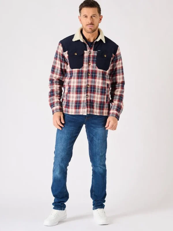 Quba & Co Borg Lined Shacket Navy Red and White Lifestyle - Struthers Discount