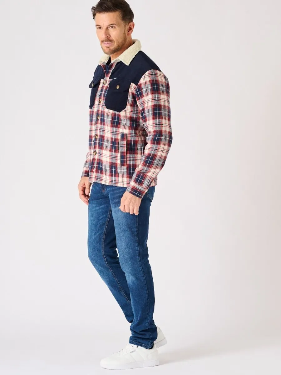 borg_lined_shacket_navy_r_7.webp Quba & Co Borg Lined Shacket Navy Red and White Lifestyle - Struthers Discount