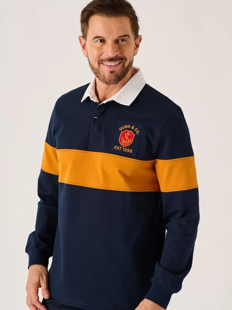 dark_navy_and_ochre_lifes_2.webp Quba & Co Dark Navy And Ochre Lifestyle Quba Rugby Shirt - Artie Clearance
