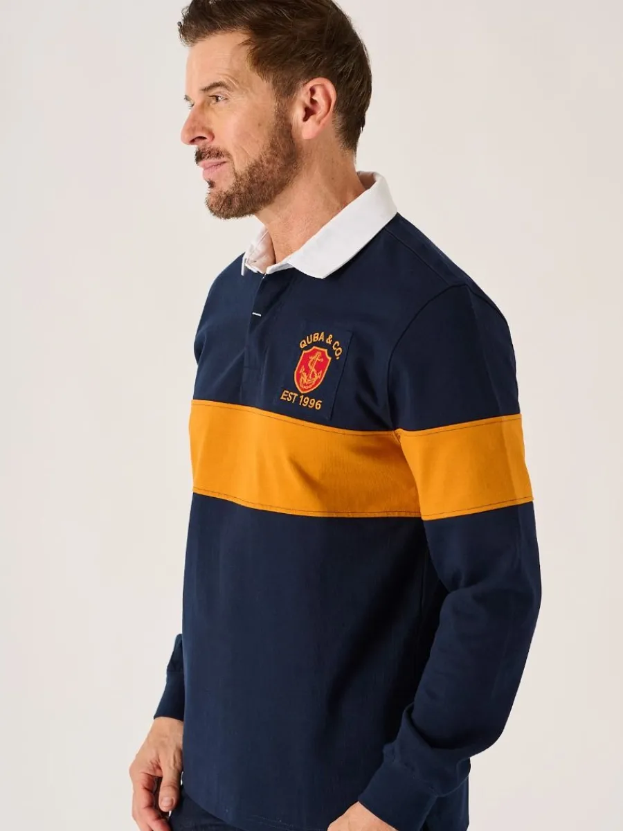 dark_navy_and_ochre_lifes_3.webp Quba & Co Dark Navy And Ochre Lifestyle Quba Rugby Shirt - Artie Clearance