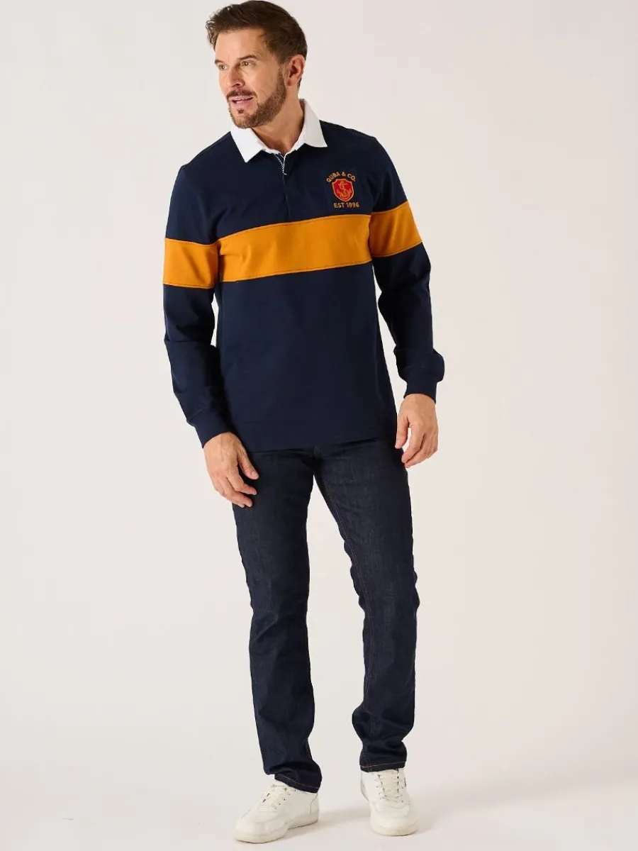 dark_navy_and_ochre_lifes_5.webp Quba & Co Dark Navy And Ochre Lifestyle Quba Rugby Shirt - Artie Clearance