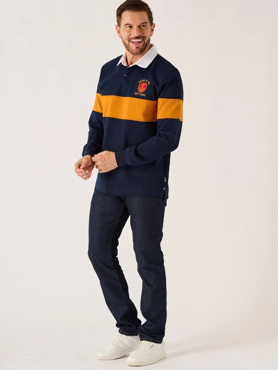 dark_navy_and_ochre_lifes_6.webp Quba & Co Dark Navy And Ochre Lifestyle Quba Rugby Shirt - Artie Clearance