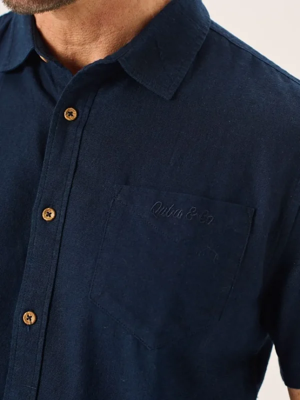 Quba & Co Dark Navy Short Sleeve Linen Cotton Mix Shirt - Wincombe Online