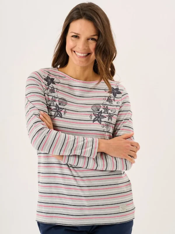 Quba & Co Grey Long Sleeve Nautical Print Striped T-Shirt - Linnet New
