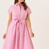 Quba & Co Hot Pink And White Short Sleeve Striped Dress - Blaire Fashion