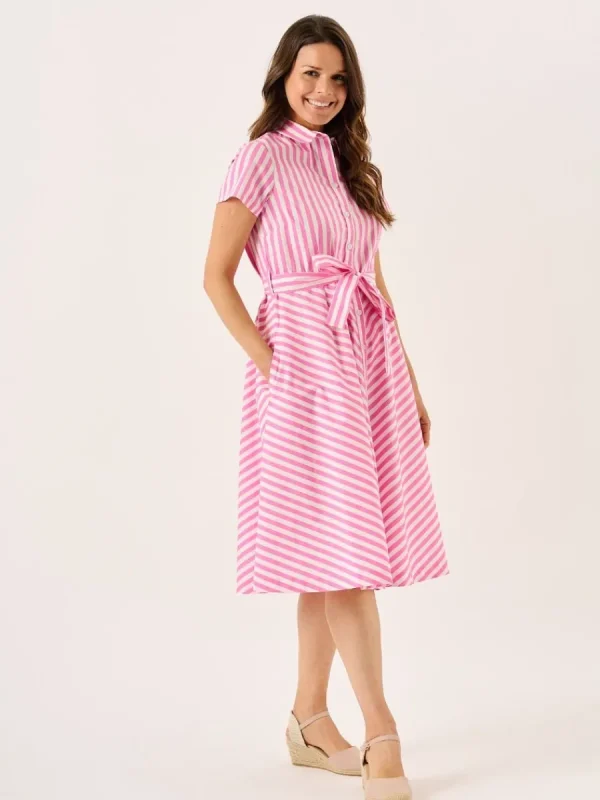 Quba & Co Hot Pink And White Short Sleeve Striped Dress - Blaire Fashion