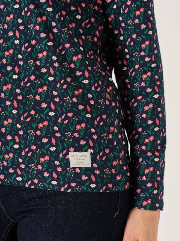 Quba & Co Navy And Coral Long Sleeve Floral Printed T-Shirt - Darley Fashion