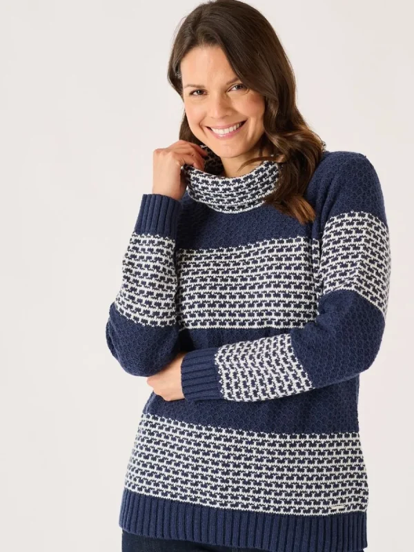 Quba & Co Navy And Foam White Striped Cowl Neck Jumper - Conna Fashion