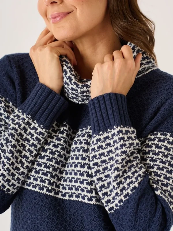 Quba & Co Navy And Foam White Striped Cowl Neck Jumper - Conna Fashion