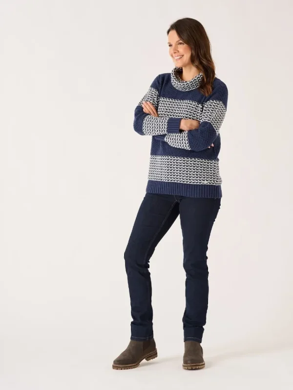 Quba & Co Navy And Foam White Striped Cowl Neck Jumper - Conna Fashion