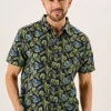 Quba & Co Navy And Green Tropical Print Short Sleeve Oxford Shirt - Pritchard Best