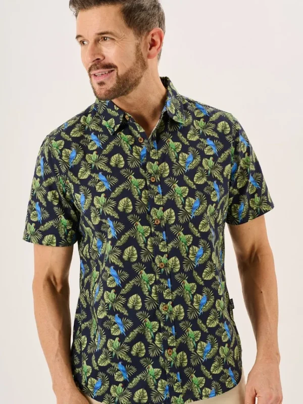 Quba & Co Navy And Green Tropical Print Short Sleeve Oxford Shirt - Pritchard Best