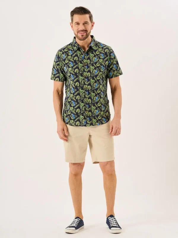 Quba & Co Navy And Green Tropical Print Short Sleeve Oxford Shirt - Pritchard Best