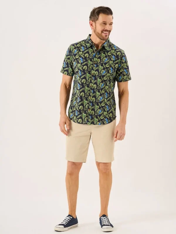 Quba & Co Navy And Green Tropical Print Short Sleeve Oxford Shirt - Pritchard Best