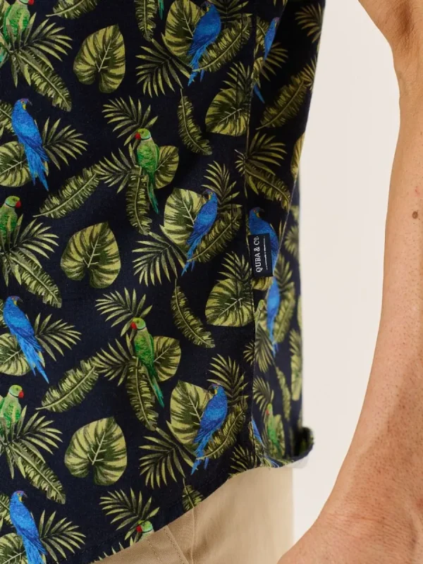 Quba & Co Navy And Green Tropical Print Short Sleeve Oxford Shirt - Pritchard Best