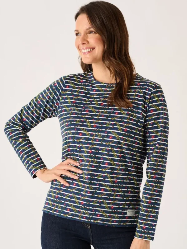 Quba & Co Navy And Multicoloured Floral Print Striped Long Sleeve T-Shirt - Fliss Sale