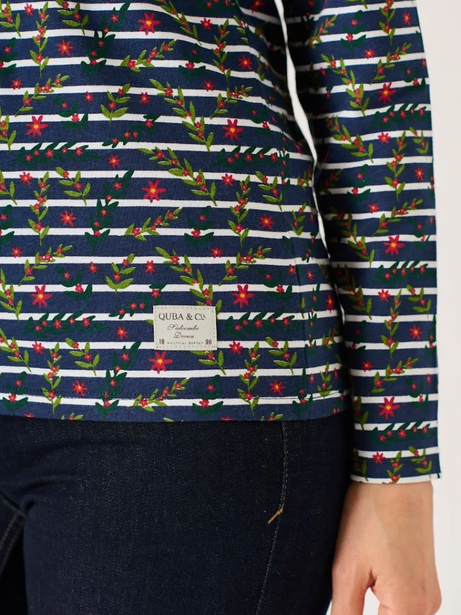 navy_and_multicoloured_fl_6.webp Quba & Co Navy And Multicoloured Floral Print Striped Long Sleeve T-Shirt - Fliss Sale