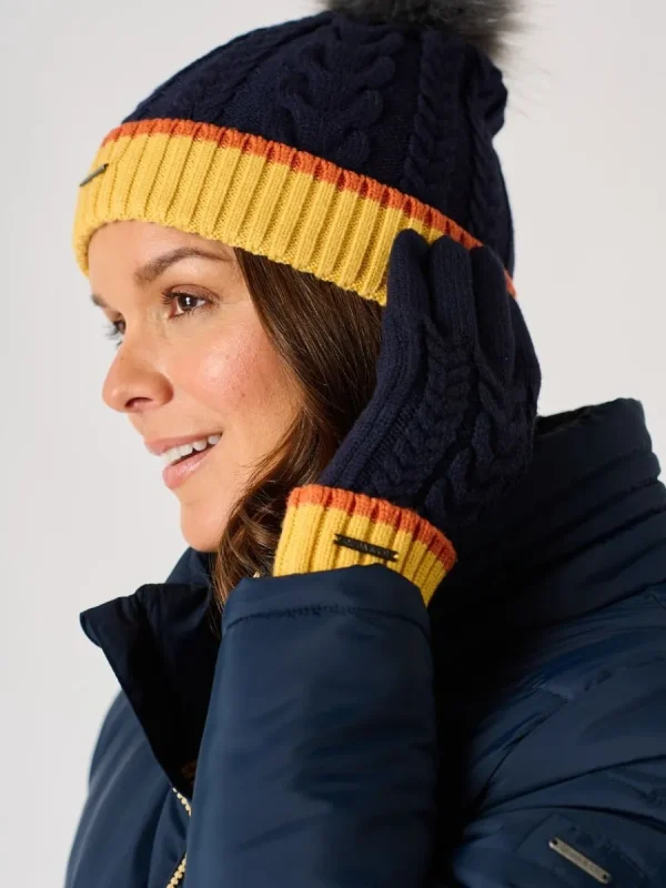 Quba & Co Navy and Ochre Cable Knitted Bobble Hat - Antrim Outlet