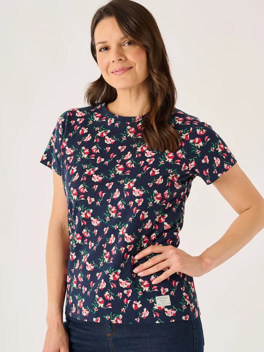 navy_and_pink_floral_prin_1.webp Quba & Co Navy And Pink Floral Printed T- Shirt - Meral Clearance