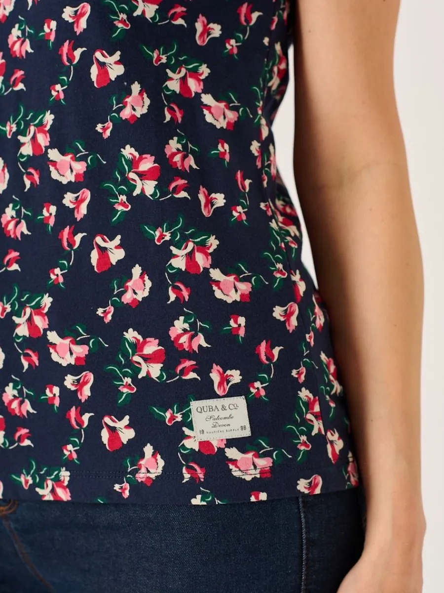 navy_and_pink_floral_prin_5.webp Quba & Co Navy And Pink Floral Printed T- Shirt - Meral Clearance