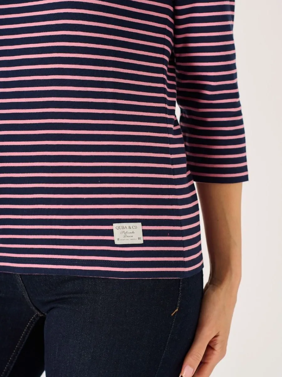 navy_and_soft_rose__sleev_6.webp Quba & Co Navy And Soft Rose 3/4 Sleeve Striped T-Shirt - Wavery Hot