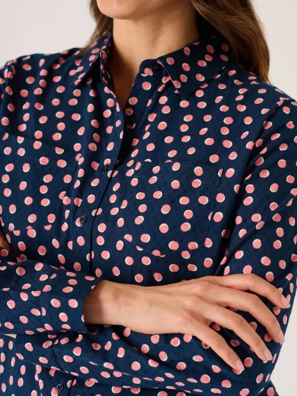 Quba & Co Navy Long Sleeve Pink And White Spot Print Shirt - Celina New
