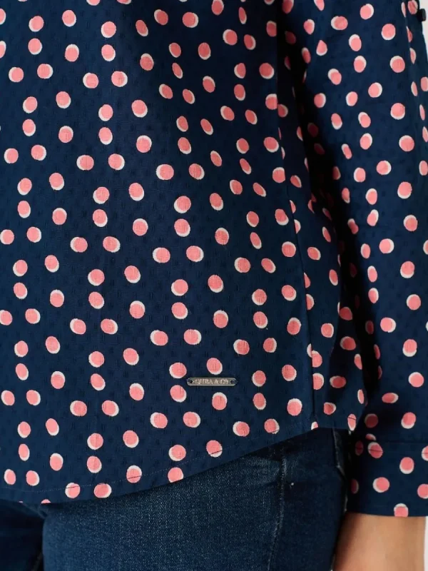 Quba & Co Navy Long Sleeve Pink And White Spot Print Shirt - Celina New