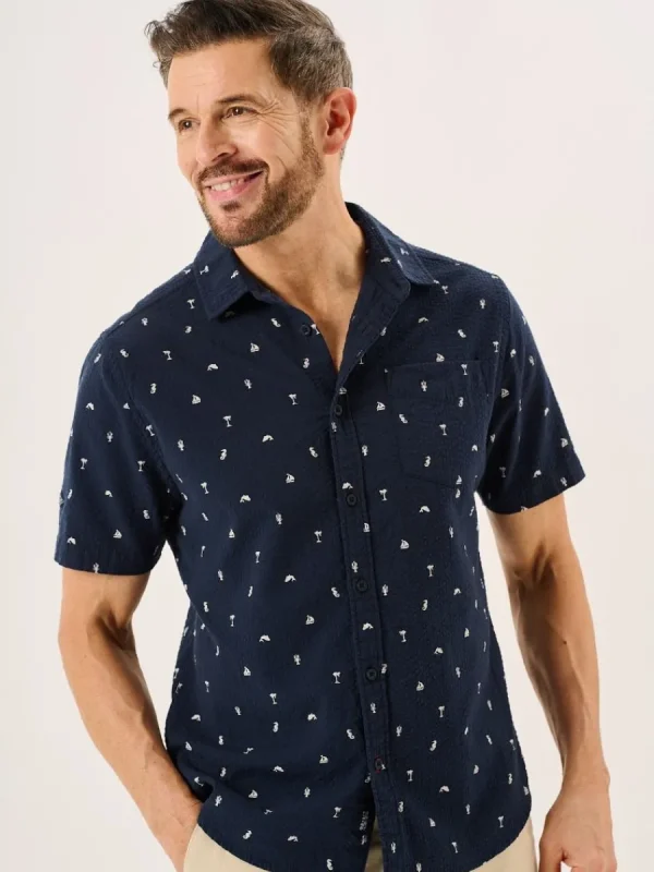 Quba & Co Navy Nautical Print Seersucker Short Sleeve Shirt - Ashton Fashion