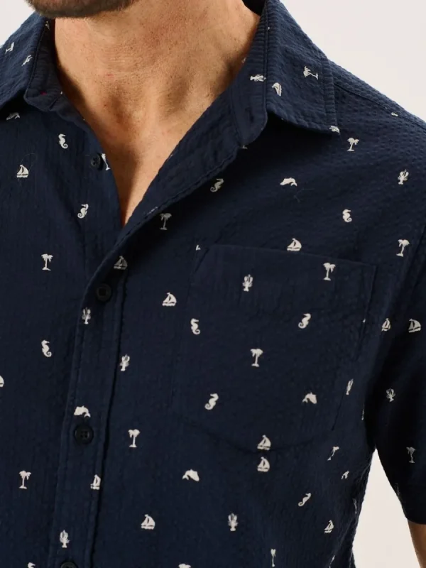 Quba & Co Navy Nautical Print Seersucker Short Sleeve Shirt - Ashton Fashion