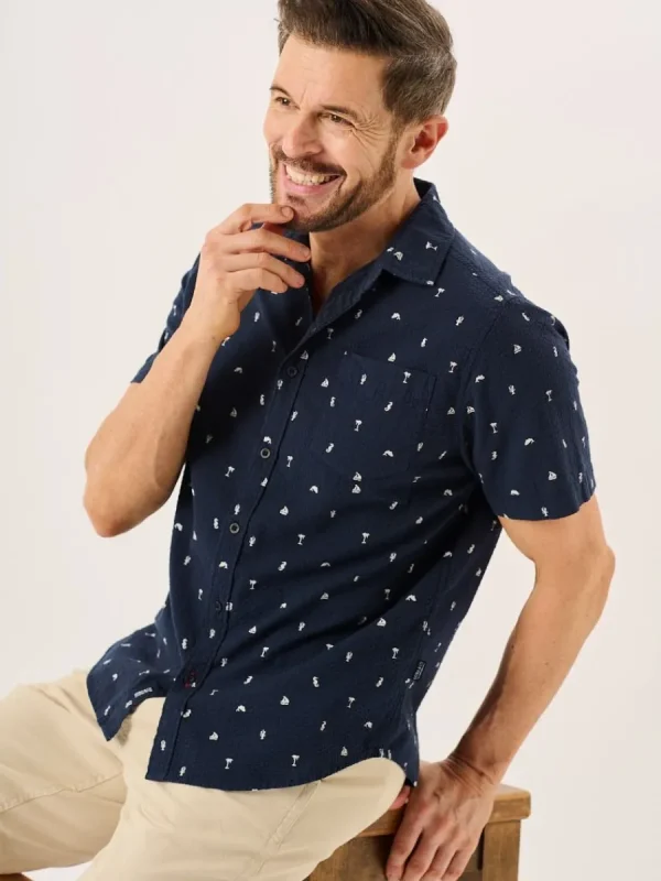 Quba & Co Navy Nautical Print Seersucker Short Sleeve Shirt - Ashton Fashion