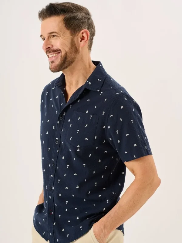 Quba & Co Navy Nautical Print Seersucker Short Sleeve Shirt - Ashton Fashion