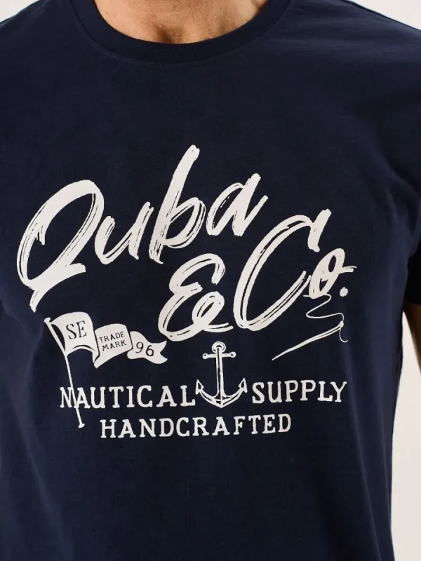 Quba & Co Navy Slub Cotton Quba And Co Logo Crew Neck T-Shirt - Bodkin Fashion