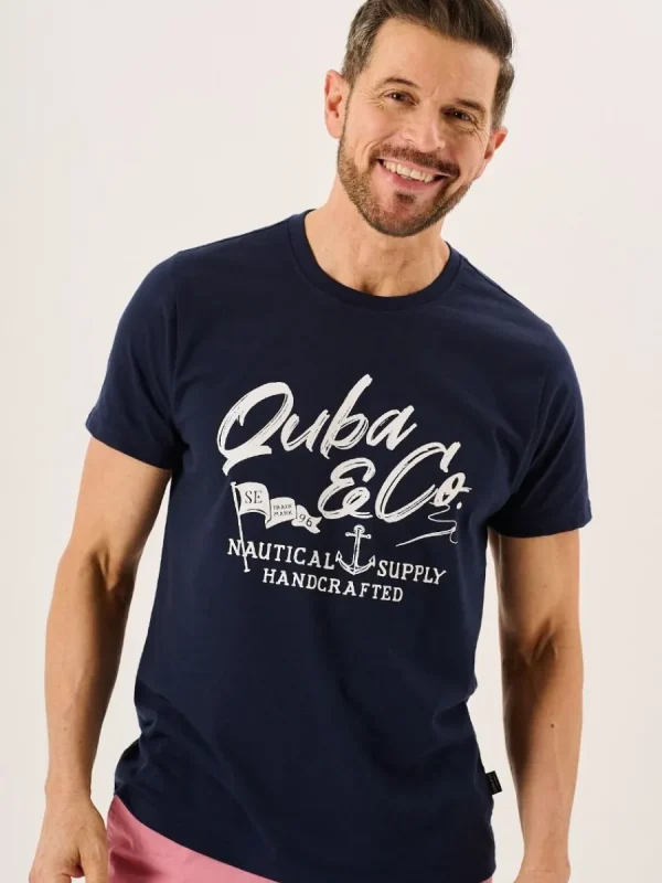 Quba & Co Navy Slub Cotton Quba And Co Logo Crew Neck T-Shirt - Bodkin Fashion