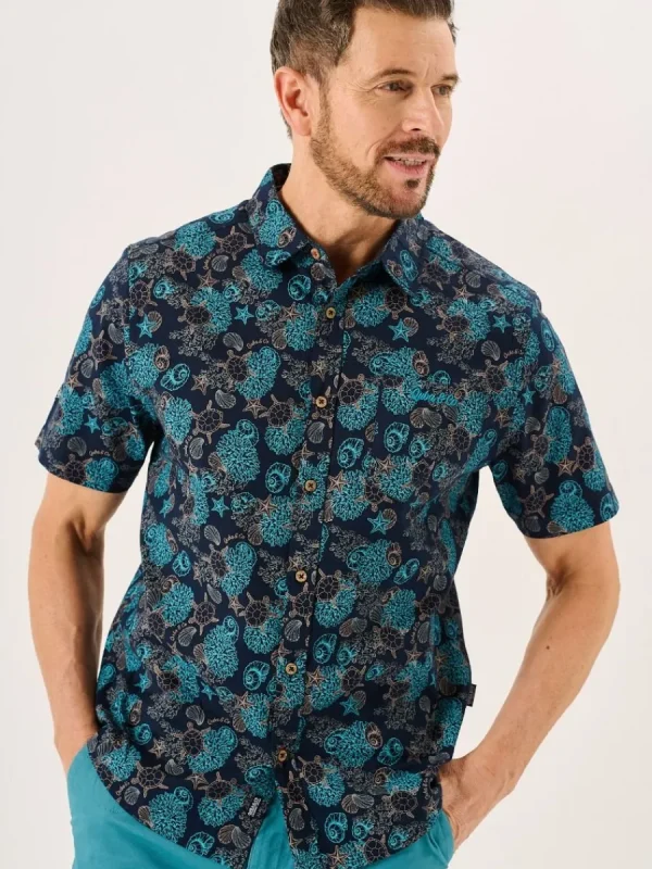 Quba & Co Navy Turtle Design Short Sleeve Slub Shirt - Tenby Outlet