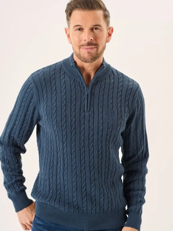 Quba & Co Nordic Blue Zip Neck Cable Knit Lifestyle Jumper - Noble Outlet