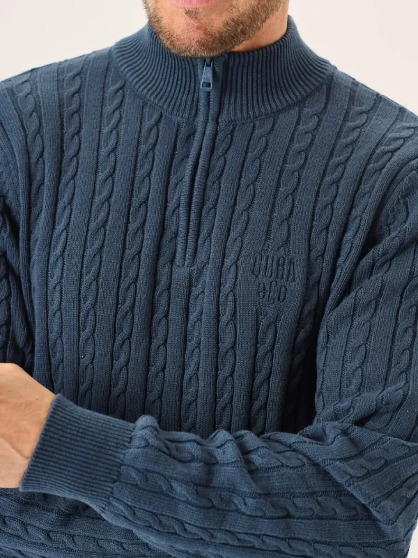 Quba & Co Nordic Blue Zip Neck Cable Knit Lifestyle Jumper - Noble Outlet