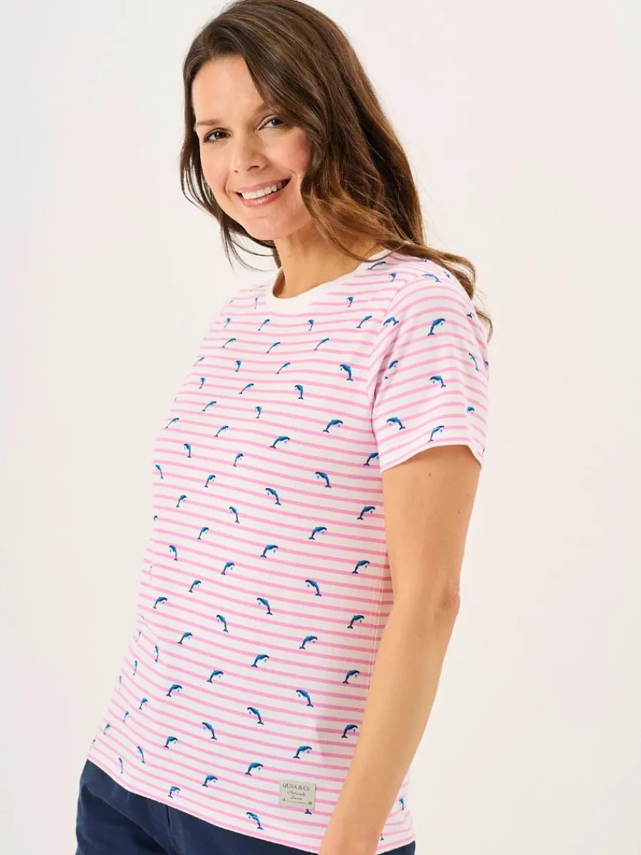 pink_and_white_dolphin_pr_3.webp Quba & Co Pink And White Dolphin Print Striped T-Shirt - Dora Fashion