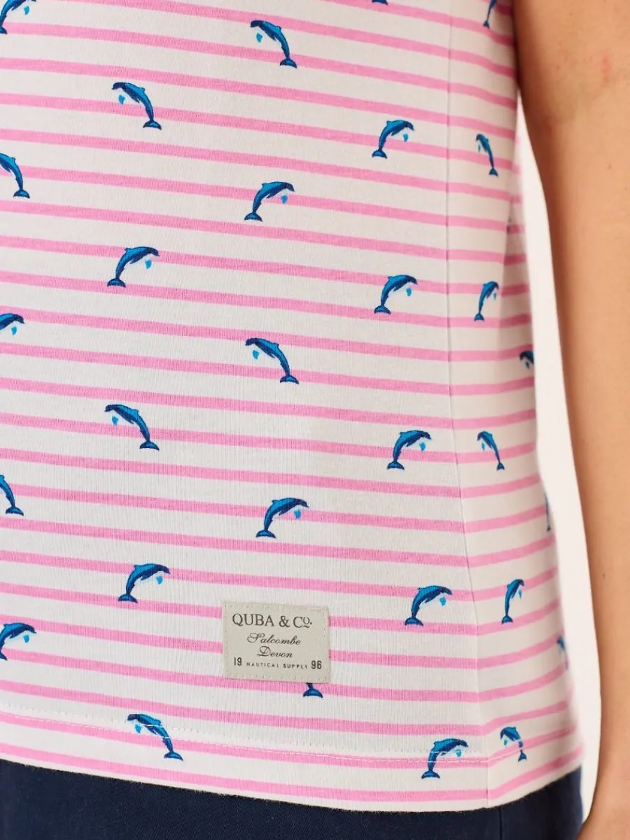 pink_and_white_dolphin_pr_9.webp Quba & Co Pink And White Dolphin Print Striped T-Shirt - Dora Fashion