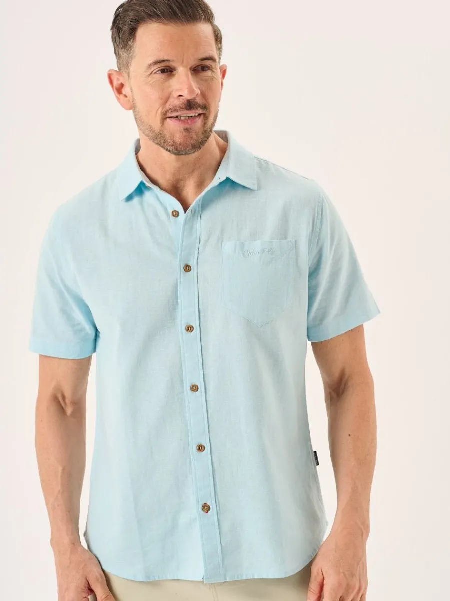 splash_blue_short_sleeve__0.webp Quba & Co Splash Blue Short Sleeve Linen Cotton Mix Shirt - Wincombe Discount