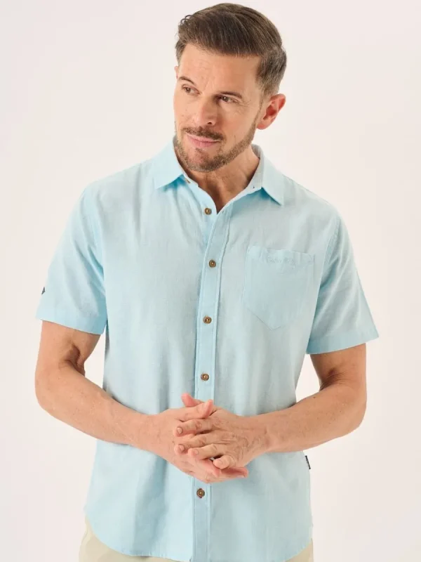 Quba & Co Splash Blue Short Sleeve Linen Cotton Mix Shirt - Wincombe Discount