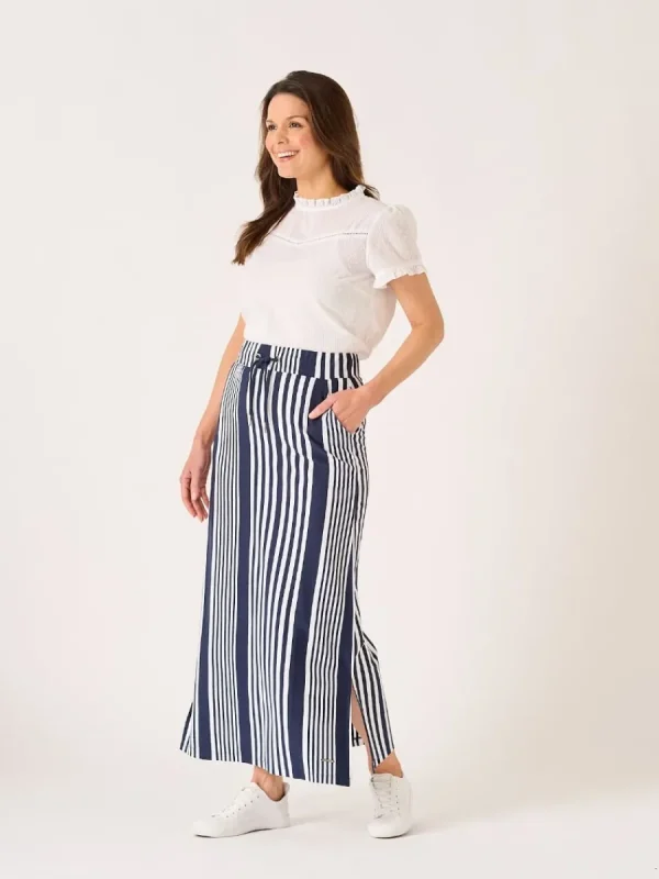 Quba & Co Tarbet Maxi Navy and White Jersey Striped Skirt Fashion