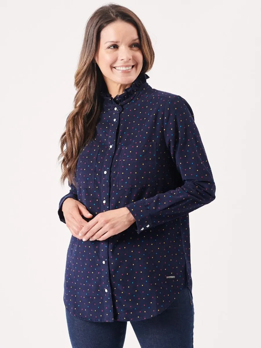 uma_frill_neck_navy_and_m_0.webp Quba & Co Uma Frill Neck Navy and Multicoloured Spotted Shirt New